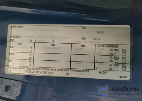 2000 GMC Savana Rv G1500 z USA, uszkodzony, nr VIN 1GDFG15R1Y1260024